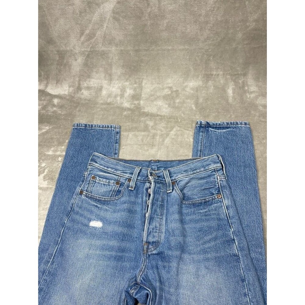 Levi's 501 Button Fly Straight Jeans Women Size 27x30 Denim Distressed Skinny